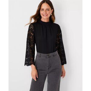 Ann‎ Taylor Women's Lace Sleeve Mock Neck Black Formal Career Shirt Size Small